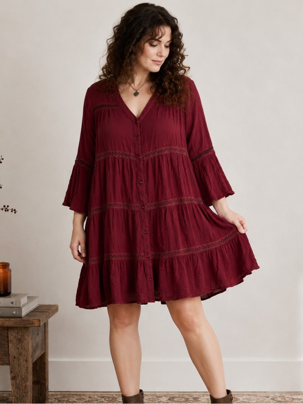 Burgundy Rayon Gauze Lace Tiered Bell Sleeves Boho Fall Dress XXL